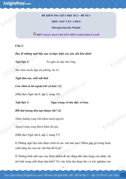 Đề thi giữa kì 2 Văn 8 - Đề số 2